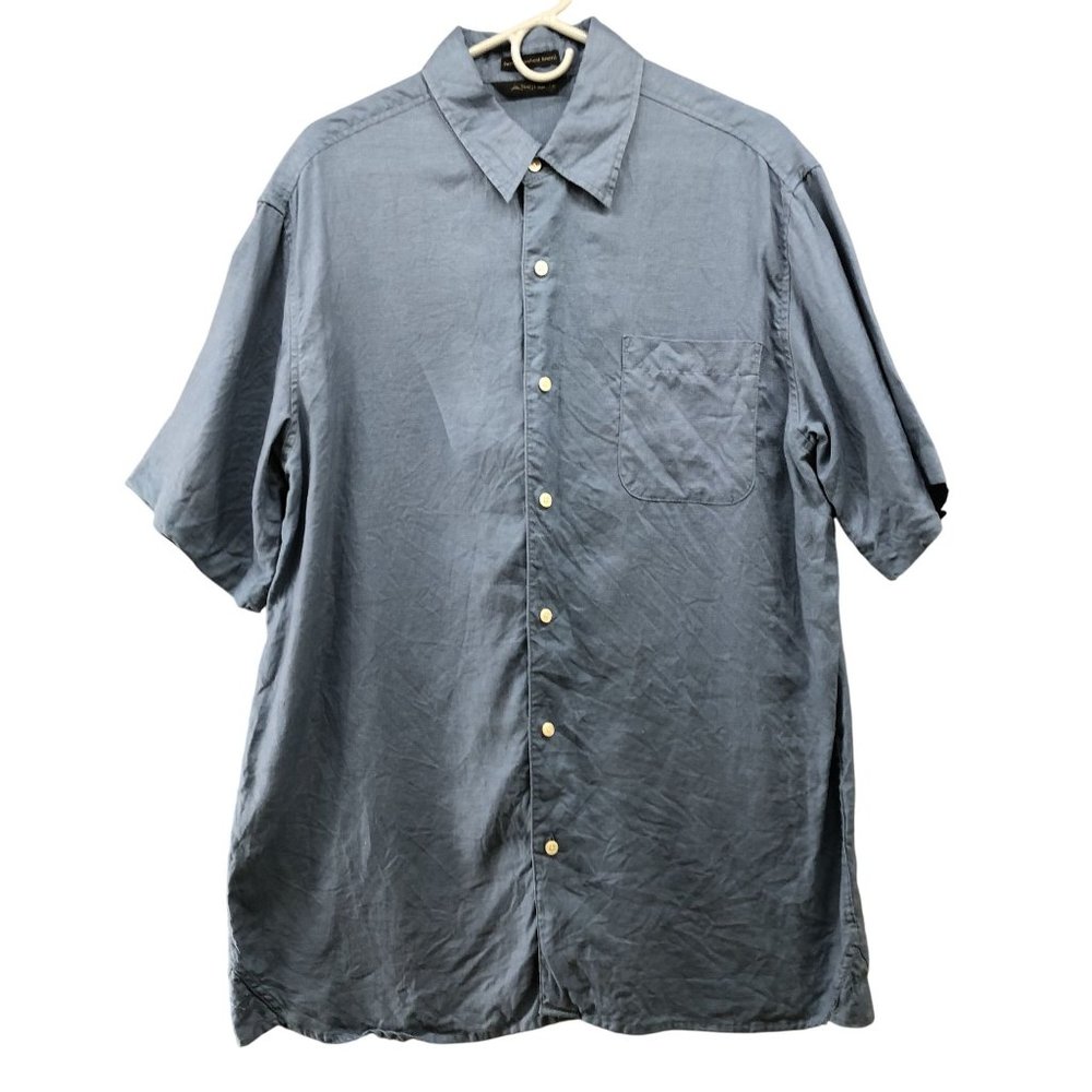 AXIST Wave-Washed Linen Shirt Mens L Dusty Blue Short Sleeve Button‎ Up Pocket